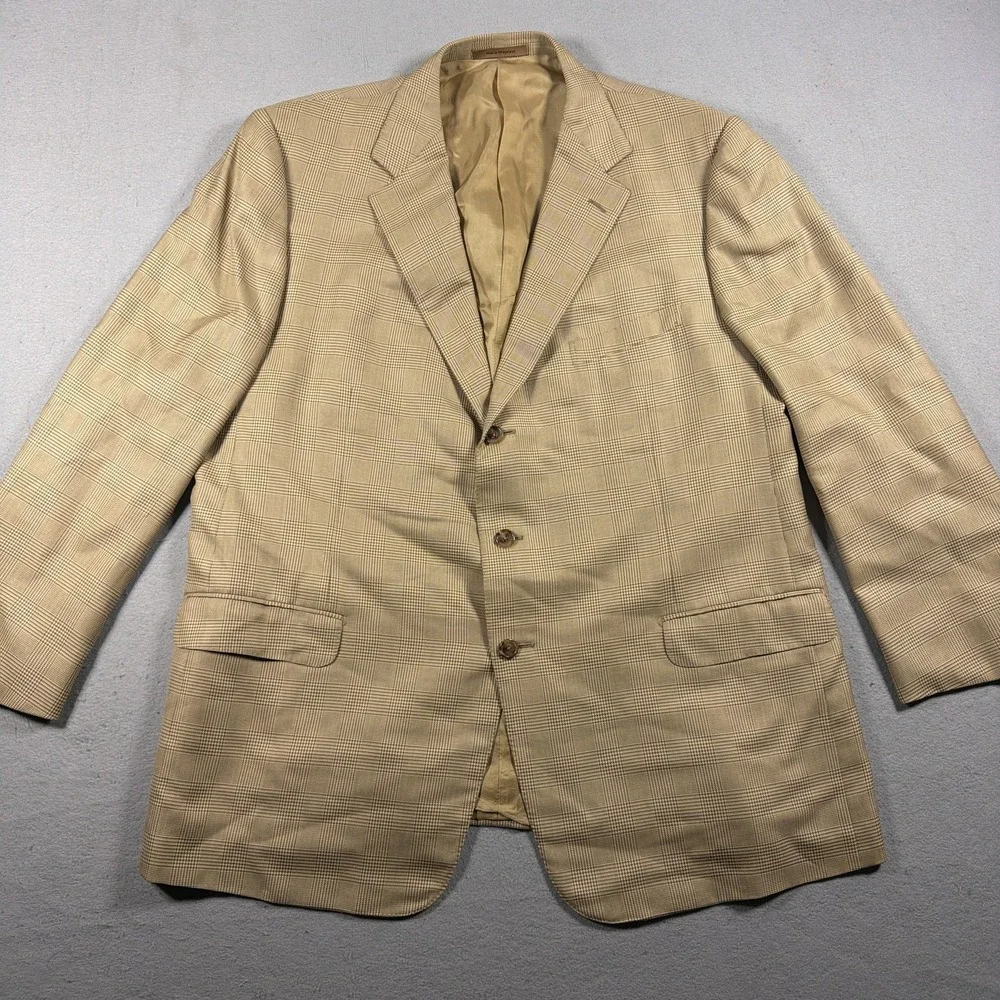 Ermenegildo Zegna Blazer Mens EU 54 Beige Silk Wool Plaid Sport Coat Jacket
